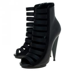 Pre Owned Gucci Black Leather and Suede Olimpia Elastic Ladder Strap Bootie Size 38