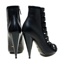 Pre Owned Gucci Black Leather and Suede Olimpia Elastic Ladder Strap Bootie Size 38