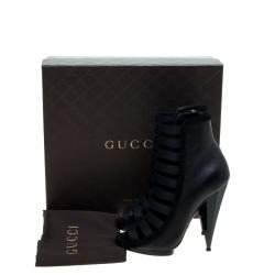 Pre Owned Gucci Black Leather and Suede Olimpia Elastic Ladder Strap Bootie Size 38