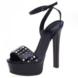Pre Owned Gucci Black  Studded Leather Leila Platform Sandals Size 38