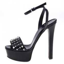 Pre Owned Gucci Black  Studded Leather Leila Platform Sandals Size 38