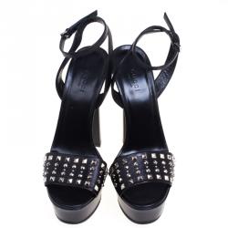 Pre Owned Gucci Black  Studded Leather Leila Platform Sandals Size 38