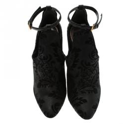 Pre Owned Gucci Black Brocade Suede Ankle Strap Cut Out Ankle Boots Size 40