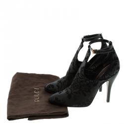 Pre Owned Gucci Black Brocade Suede Ankle Strap Cut Out Ankle Boots Size 40