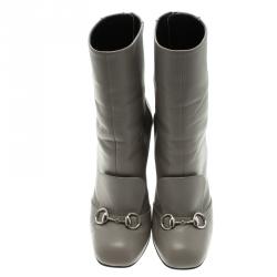 Pre Owned Gucci Grey Leather Horsebit Detail Ankle Boots Size 39.5