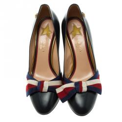 مملوكة مسبقًا Gucci Oxford Blue Leather Aline Block Heel Pumps Size 36.5