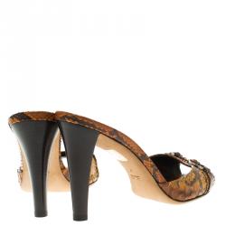 مملوكة مسبقًا Gucci Orange Python Horsebit Bamboo Detail Peep Toe Slides Size 40