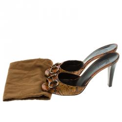 مملوكة مسبقًا Gucci Orange Python Horsebit Bamboo Detail Peep Toe Slides Size 40