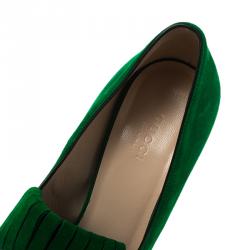 Gucci Emerald Green Suede Fringe Detail Block Heel Pumps Size 38.5