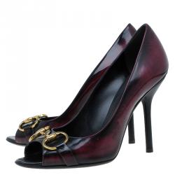 Pre Owned حذاء كعب عالي غوتشي جلد ثنائي اللون هورسبيت مقدمة مفتوحة مقاس 38