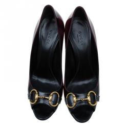 Pre Owned حذاء كعب عالي غوتشي جلد ثنائي اللون هورسبيت مقدمة مفتوحة مقاس 38