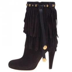 Pre Owned Gucci Chocolate Brown Suede Devendra Fringe Detail Ankle Boots Size 38