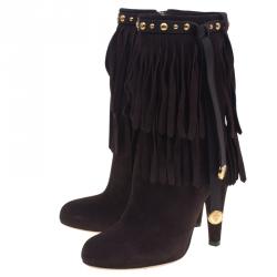 Pre Owned Gucci Chocolate Brown Suede Devendra Fringe Detail Ankle Boots Size 38