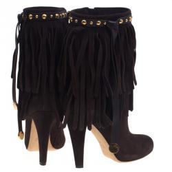 Pre Owned Gucci Chocolate Brown Suede Devendra Fringe Detail Ankle Boots Size 38