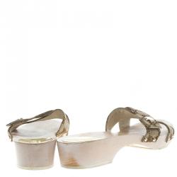 مملوكة مسبقًا Gucci Beige GG Canvas Cross Strap Wooden Clog Slides Size 40