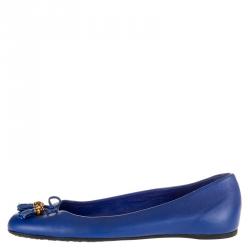 مملوكة مسبقًا Gucci Blue Leather Bamboo Bow Ballet Flats Size 38.5
