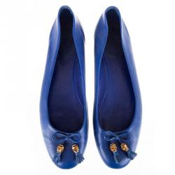 مملوكة مسبقًا Gucci Blue Leather Bamboo Bow Ballet Flats Size 38.5