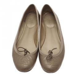 Pre Owned Gucci Gold Metallic Leather GG Embroidered Ballet Flats Size 36
