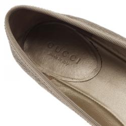 Pre Owned Gucci Gold Metallic Leather GG Embroidered Ballet Flats Size 36