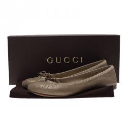 Pre Owned Gucci Gold Metallic Leather GG Embroidered Ballet Flats Size 36