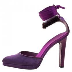 مملوكة مسبقًا صندل غوتشي كاحل ملتف فرو منك وقطيفة بنفسجي مقاس 39
