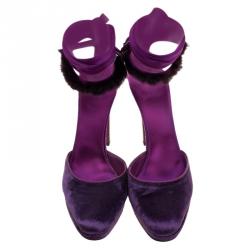 مملوكة مسبقًا صندل غوتشي كاحل ملتف فرو منك وقطيفة بنفسجي مقاس 39