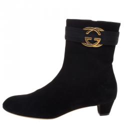 Pre Owned Gucci Black Suede Interlocking GG  Ankle Boots Size 39
