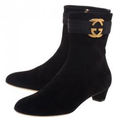 Pre Owned Gucci Black Suede Interlocking GG  Ankle Boots Size 39