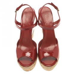 Pre Owned صندل غوتشي هولي مايكروغوتشيسيما جلد أحمر لامع كعب روكي مقاس 40