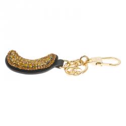 Pre Owned Gucci Rhinestone Embellished Black Leather Moon Keyring