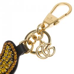 Pre Owned Gucci Rhinestone Embellished Black Leather Moon Keyring