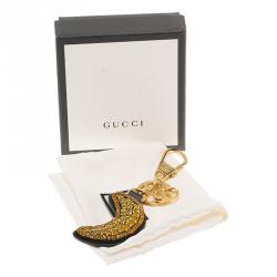 Pre Owned Gucci Rhinestone Embellished Black Leather Moon Keyring