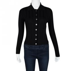 Guy Laroche Black Rib Knit Button Front Collared Wool Cardigan S