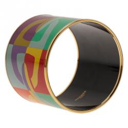 Pre Owned Hermes Mega Printed Multi Color Gold Plated Bangle Bracelet