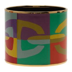 Pre Owned Hermes Mega Printed Multi Color Gold Plated Bangle Bracelet
