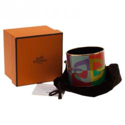 Pre Owned Hermes Mega Printed Multi Color Gold Plated Bangle Bracelet