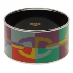 Pre Owned Hermes Extra Wide Printed Multi Color Silver Plated Bangle Bracelet
