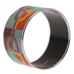 Pre Owned Hermes Extra Wide Printed Multi Color Silver Plated Bangle Bracelet