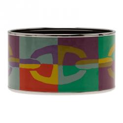 Pre Owned Hermes Extra Wide Printed Multi Color Silver Plated Bangle Bracelet
