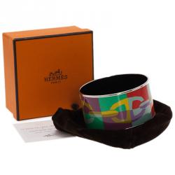 Pre Owned Hermes Extra Wide Printed Multi Color Silver Plated Bangle Bracelet
