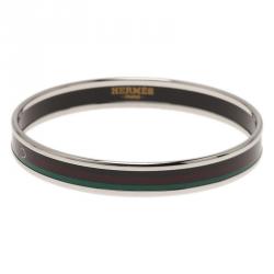 Pre Owned Hermes Narrow Printed Belt Design Multi Color Silver-Plated Bangle Bracelet