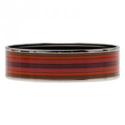 Hermes Wide Printed Belt Design Multi Color Silver-Plated Bangle Bracelet