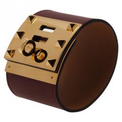 Pre Owned Hermes Extreme Red Espsom Leather Gold Plated Bracelet