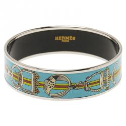 Pre Owned Hermès Wide Horsebit Printed Light Blue Enamel Palladium Plated Bracelet