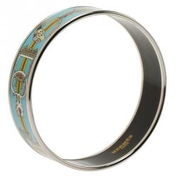 Pre Owned Hermès Wide Horsebit Printed Light Blue Enamel Palladium Plated Bracelet