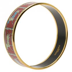 Pre Owned Hermès Wide Horse Printed Red Enamel Gold Plated Bracelet