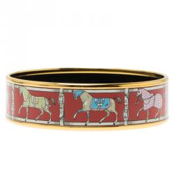 Pre Owned Hermès Wide Horse Printed Red Enamel Gold Plated Bracelet
