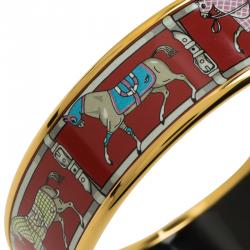 Pre Owned Hermès Wide Horse Printed Red Enamel Gold Plated Bracelet