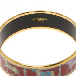 Pre Owned Hermès Wide Horse Printed Red Enamel Gold Plated Bracelet