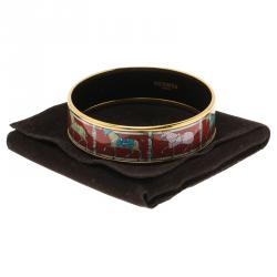 Pre Owned Hermès Wide Horse Printed Red Enamel Gold Plated Bracelet